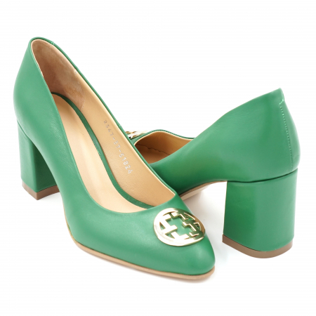 Pantofi elegant & office dama - Pantofi dama din piele naturala verde crud cu varf ascutit si toc mic gros imbracat 6 cm 51824-1-24