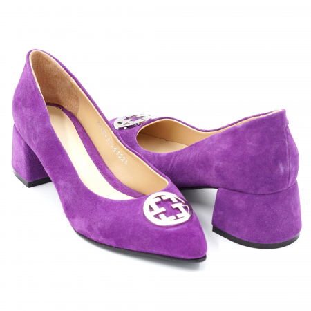 Pantofi elegant & office dama - Pantofi dama din piele naturala intoarsa mov cu varf ascutit si toc mic gros imbracat 4 cm 51824-2-24