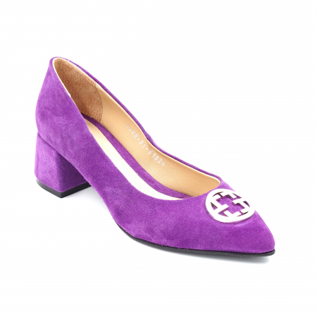 Pantofi dama din piele naturala intoarsa mov cu varf ascutit si toc mic gros imbracat 4 cm 51824-2-24 [2]