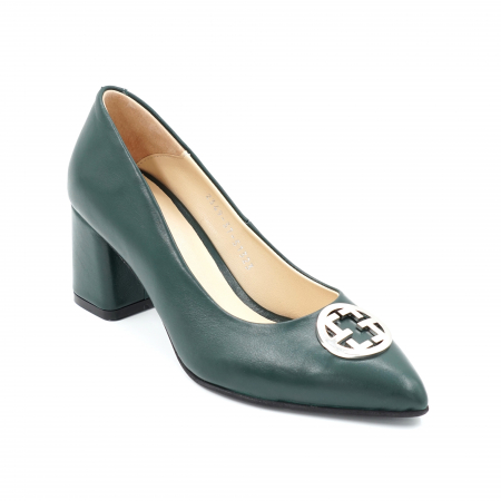Pantofi dama din piele naturala verde inchis smarald cu varf ascutit stileto si toc mic gros imbracat 6 cm 51824-3-24 [2]