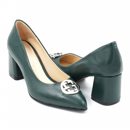 Pantofi elegant & office dama - Pantofi dama din piele naturala verde inchis smarald cu varf ascutit stileto si toc mic gros imbracat 6 cm 51824-3-24