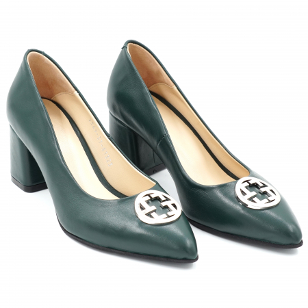 Pantofi dama din piele naturala verde inchis smarald cu varf ascutit stileto si toc mic gros imbracat 6 cm 51824-3-24 [1]