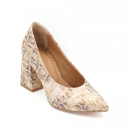 Pantofi dama din piele naturala nude bej imprimeu animal print cu varf ascutit stileto si toc mediu gros imbracat 8 cm 52023-24 [1]