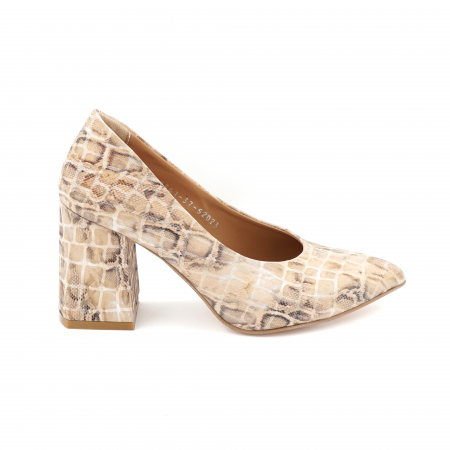 Pantofi elegant & office dama - Pantofi dama din piele naturala nude bej imprimeu animal print cu varf ascutit stileto si toc mediu gros imbracat 8 cm 52023-24