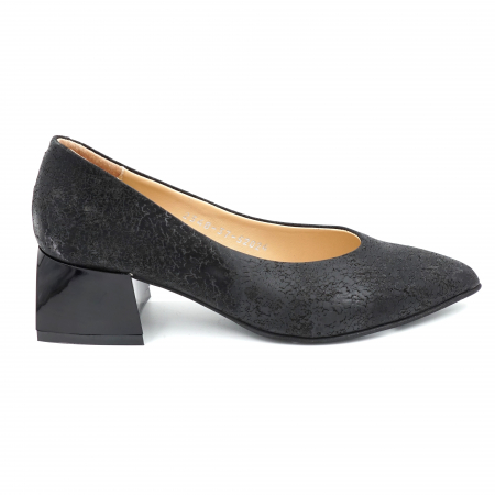 Pantofi elegant & office dama - Pantofi dama din piele naturala neagra cu imprimeu cu varf ascutit stileto si toc mic gros 4 cm 52024-24
