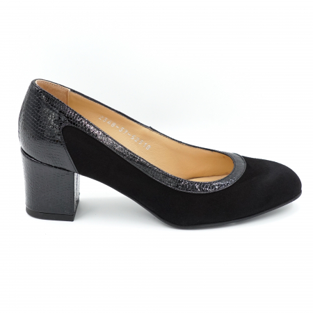 Pantofi dama - Pantofi dama din piele naturala intoarsa neagra si croco lac negru cu varf rotund si  toc mic gros imbracat6 cm 52318-1-24