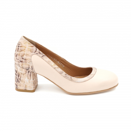 Pantofi elegant & office dama - Pantofi dama din piele naturala nude roze si cu imprimeu animal print cu varf rotund si toc mic gros imbracat 6 cm 52318-24