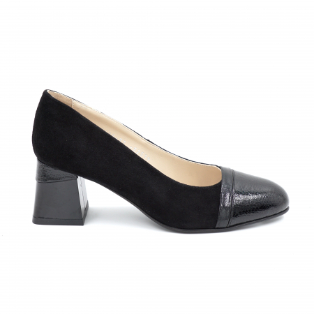 Pantofi elegant & office dama - Pantofi dama din piele naturala intoarsa si lacuita neagra cu varf rotund si toc mic gros imbracat 6 cm 52519-1-24