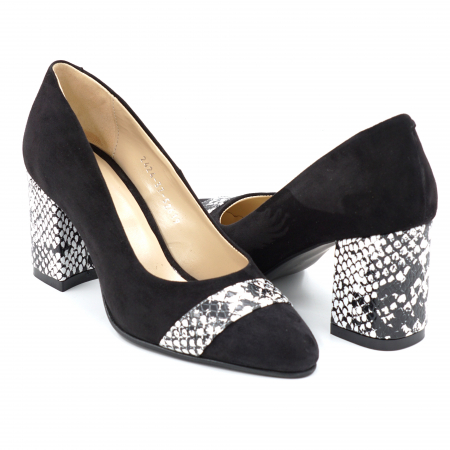 Pantofi elegant & office dama - Pantofi dama din piele naturala intoarsa neagra si cu imprimeu sarpe alb cu negru cu varf ascutit si toc mic gros imbracat 6 cm 52619-1-24