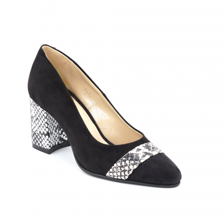 Pantofi dama din piele naturala intoarsa neagra si cu imprimeu sarpe alb cu negru cu varf ascutit si toc mic gros imbracat 6 cm 52619-1-24 [4]