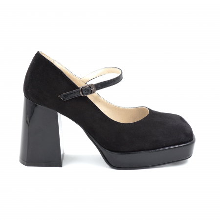Pantofi elegant & office dama - Pantofi dama din piele naturala intoarsa neagra varf patrat cu platforma 2 cm si toc gros 9 cm, 52723-1-24