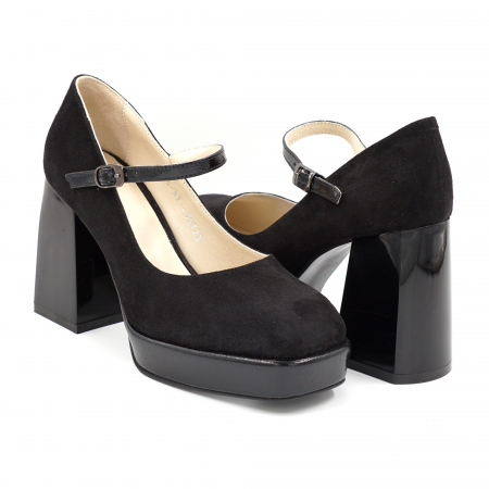 Pantofi dama din piele naturala intoarsa neagra varf patrat cu platforma 2 cm si toc gros 9 cm, 52723-1-24 [2]