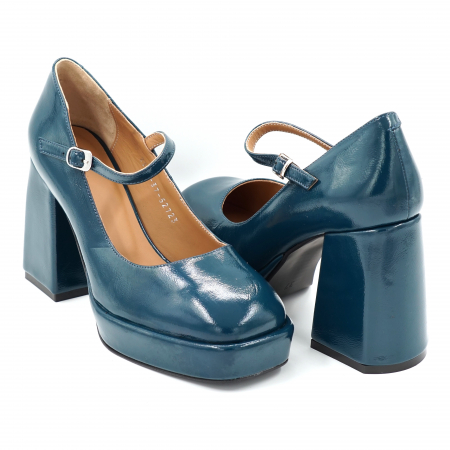 Pantofi dama din piele naturala lacuita verde smarald cu varf patrat,  platforma 2 cm si toc inalt gros imbracat 9 cm 52723-24 [1]