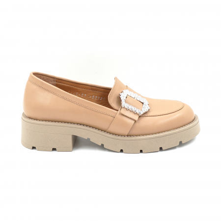 Pantofi casual & sport dama - Pantofi dama casual loafers din piele naturala bej inchis cu varf rotund si talpa de 4 cm 52725-25