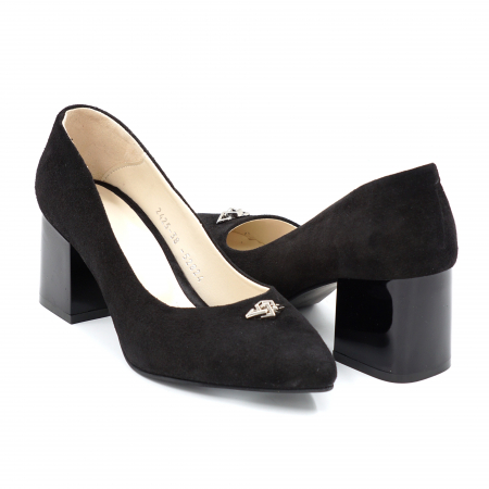 Pantofi elegant & office dama - Pantofi dama din piele naturala intoarsa neagra cu varf ascutit stileto si toc mic gros 6 cm 52824-24