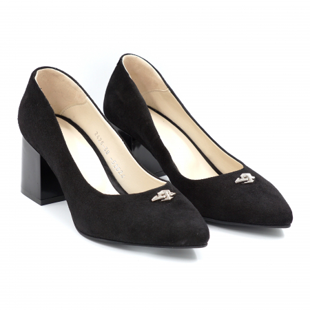 Pantofi dama din piele naturala intoarsa neagra cu varf ascutit stileto si toc mic gros 6 cm 52824-24 [3]