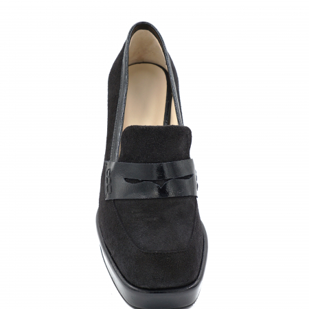 Pantofi dama din piele naturala intoarsa neagra si lacuita neagra cu varf patrat, platforma 2 cm si toc inalt gros imbracat 9 cm 52923-1-24 [5]