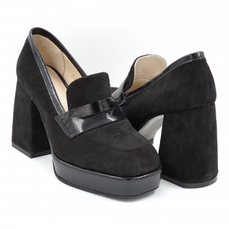 Pantofi dama din piele naturala intoarsa neagra si lacuita neagra cu varf patrat, platforma 2 cm si toc inalt gros imbracat 9 cm 52923-1-24 [2]