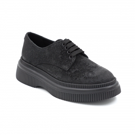 Pantofi dama casual din piele naturala neagra cu imprimeu cu varf rotund si talpa de 4 cm 53017-11-24 [1]