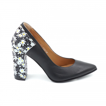 Pantofi elegant & office dama - Pantofi dama din piele naturala neagra si cu imprimeu floral cu varf ascutit stileto si tocinalt gros imbracat 9 cm 53018-24
