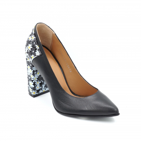 Pantofi dama din piele naturala neagra si cu imprimeu floral cu varf ascutit stileto si tocinalt gros imbracat 9 cm 53018-24 [1]