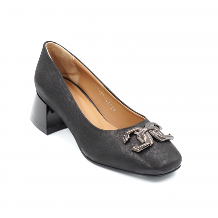 Pantofi dama din piele naturala neagra usor sidefata cu varf patrat si toc mic gros 4 cm 53123-24 [2]