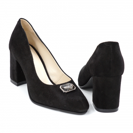 Pantofi dama din piele naturala intoarsa neagra cu varf ascutit si toc mediu gros imbracat 7 cm 53124-24 [1]