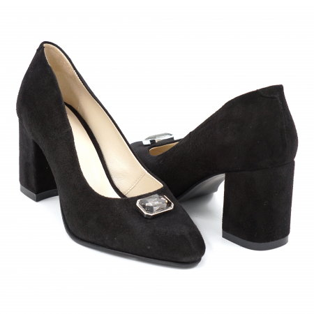 Pantofi elegant & office dama - Pantofi dama din piele naturala intoarsa neagra cu varf ascutit si toc mediu gros imbracat 7 cm 53124-24