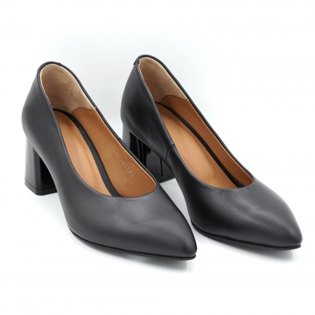 Pantofi dama din piele naturala neagra cu varf ascutit stileto si toc mic gros 6 cm 53223-24 [2]