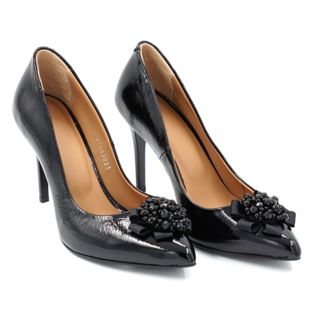 Pantofi dama din piele naturala lacuita neagra cu varf ascutit stileto si toc inalt subtire 9 cm 53523-24 [1]