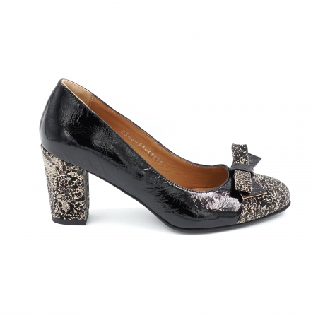 Pantofi dama din piele naturala lacuita neagra si cu imprimeu cu varf rotund si toc mediu gros imbracat 7 cm 53617-2-24 [2]