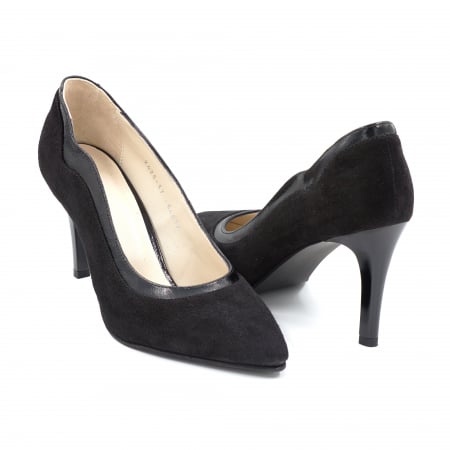 Pantofi dama din piele naturala intoarsa si lacuita neagra cu varf ascutit stileto si toc mediu subtire 8 cm 54619-1-24 [2]