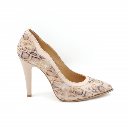 Pantofi dama - Pantofi dama din piele naturala nude bej si cu imprimeu animal print cu varf ascutit stileto si toc inalt subtire 10 cm 54619-24
