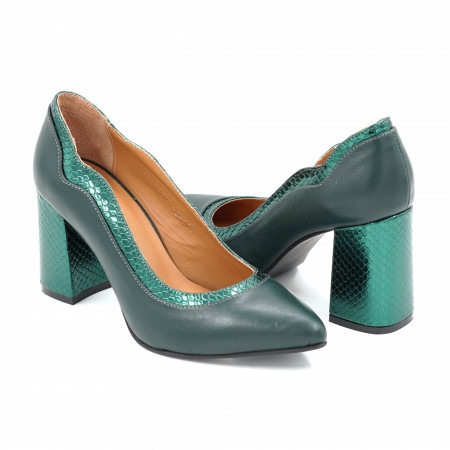 Pantofi dama din piele naturala verde menta si cu imprimeu croco verde metalizat cu varf ascutit stileto si toc mediu gros imbracat 8 cm 54619-25 [3]
