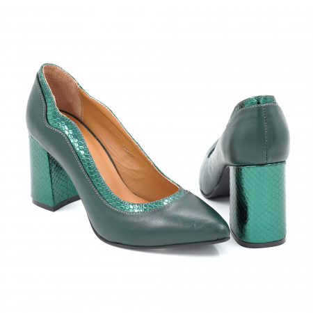 Pantofi dama din piele naturala verde menta si cu imprimeu croco verde metalizat cu varf ascutit stileto si toc mediu gros imbracat 8 cm 54619-25 [4]