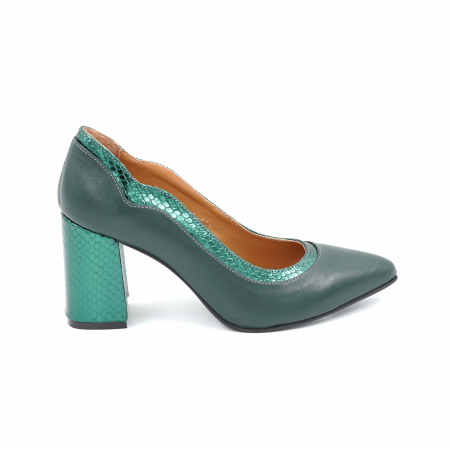 Dama - Pantofi dama din piele naturala verde menta si cu imprimeu croco verde metalizat cu varf ascutit stileto si toc mediu gros imbracat 8 cm 54619-25