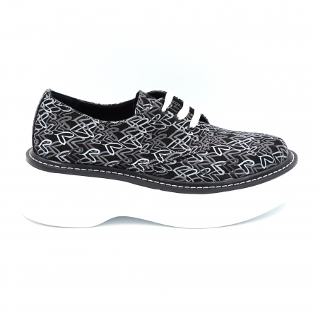 Pantofi dama - Pantofi dama casual din piele naturala cu imprimeu gri cu alb cu varf rotund si talpa inalta 6 cm 55320-24