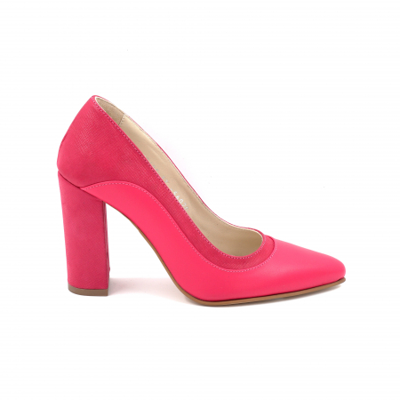 Pantofi elegant & office dama - Pantofi dama din piele naturala fucsia cu varf ascutit stileto si toc inalt gros imbracat 9 cm 56020-1-24