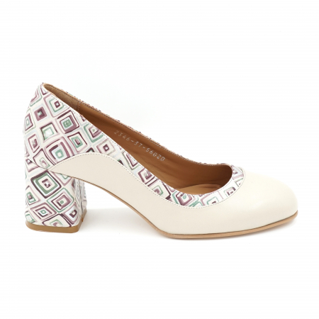 Pantofi elegant & office dama - Pantofi dama din piele naturala nude bej si cu imprimeu forme geometrice cu varf rotund si toc mic gros imbracat 6 cm 56020-24