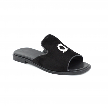 Sandale casual & sport dama - Papuci dama din piele naturala intoarsa neagra cu varf rotund si talpa 1 cm 11920-25
