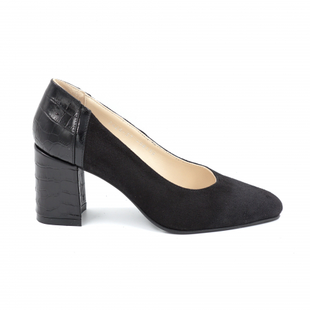 Pantofi elegant & office dama - Pantofi dama din piele naturala intoarsa neagra si croco negru mat cu varf ascutit si toc mediu gros imbracat 7 cm 58119-24