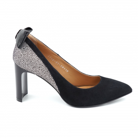 Pantofi dama din piele naturala intoarsa neagra si imprimeu argintiu cu varf ascutit stileto si toc mediu subtire tip bricheta 8 cm 58718-24 [1]