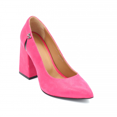 Pantofi dama din piele naturala fucsia sidefata cu varf ascutit stileto si toc inalt gros imbracat 9 cm 58918-24 [1]