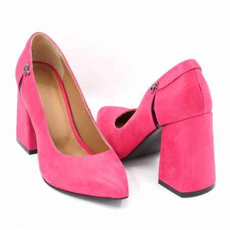 Pantofi dama din piele naturala fucsia sidefata cu varf ascutit stileto si toc inalt gros imbracat 9 cm 58918-24 [3]