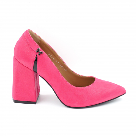 Pantofi elegant & office dama - Pantofi dama din piele naturala fucsia sidefata cu varf ascutit stileto si toc inalt gros imbracat 9 cm 58918-24