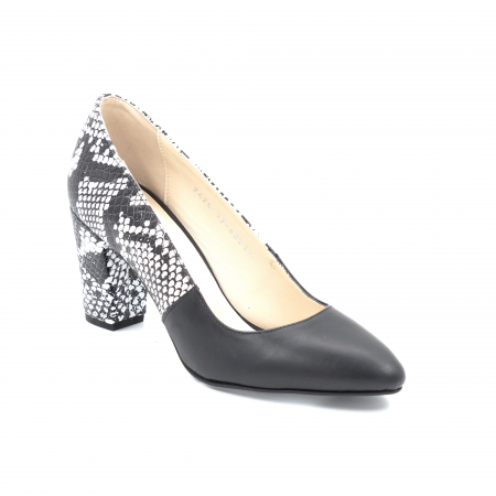 Pantofi dama din piele naturala neagra si cu imprimeu sarpe alb cu negru cu varf ascutit si toc mediu gros imbracat 7 cm 60217-1-24 [1]