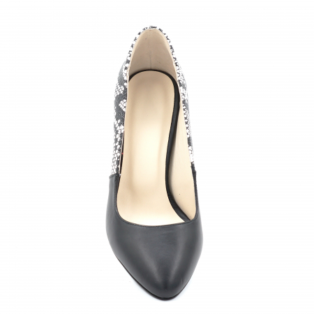 Pantofi dama din piele naturala neagra si cu imprimeu sarpe alb cu negru cu varf ascutit si toc mediu gros imbracat 7 cm 60217-1-24 [5]