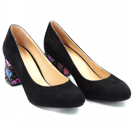 Pantofi dama din piele naturala intoarsa neagra si cu imprimeu floral cu varf rotund si toc mic gros imbracat 6 cm 6052-1-24 [2]
