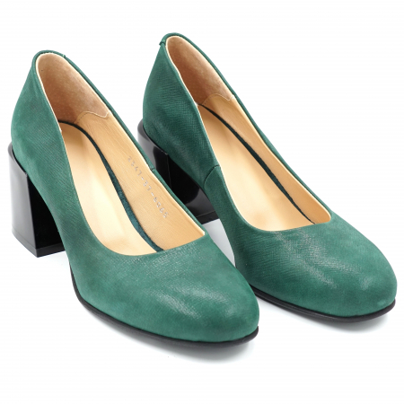 Pantofi dama din piele naturala verde marmorat cu varf rotund si toc mic gros 6 cm 6052-2-24 [2]