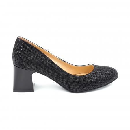 Pantofi dama - Pantofi dama din piele naturala neagra cu imprimeu croco cu varf rotund si toc mic gros 6 cm 6052-24